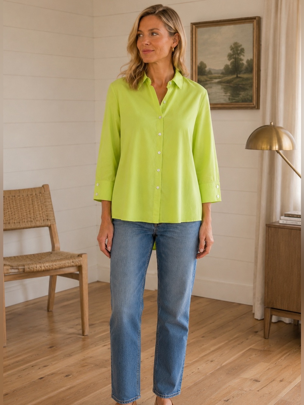 Finley Trapeze Tunic Top Lime Green Button Down Shirt Large